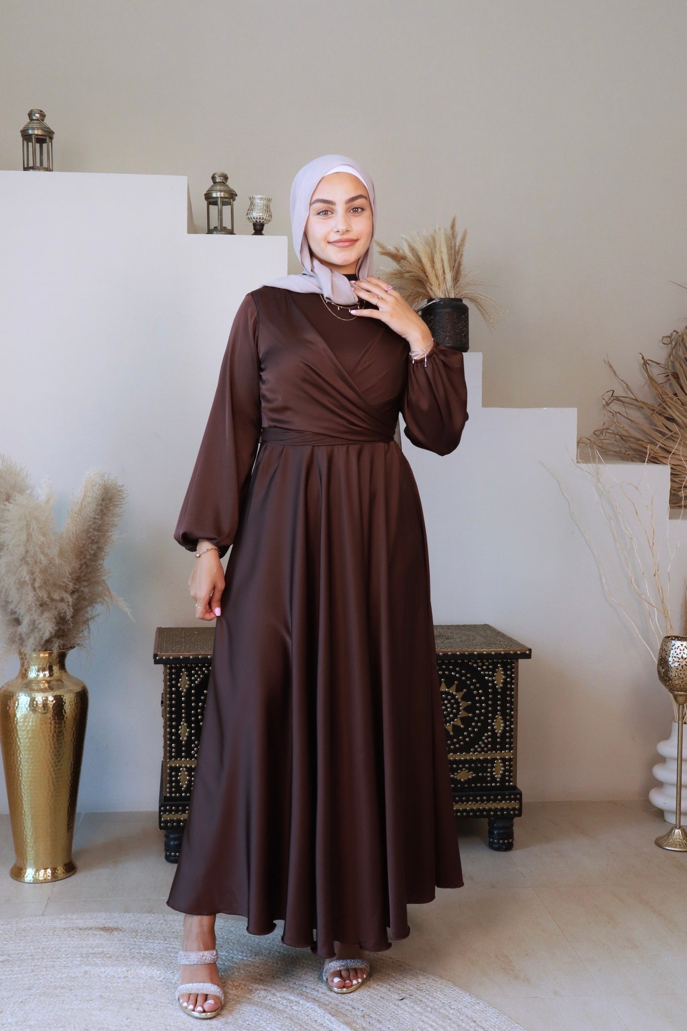Leyla Silk Dress - Coffee Brown