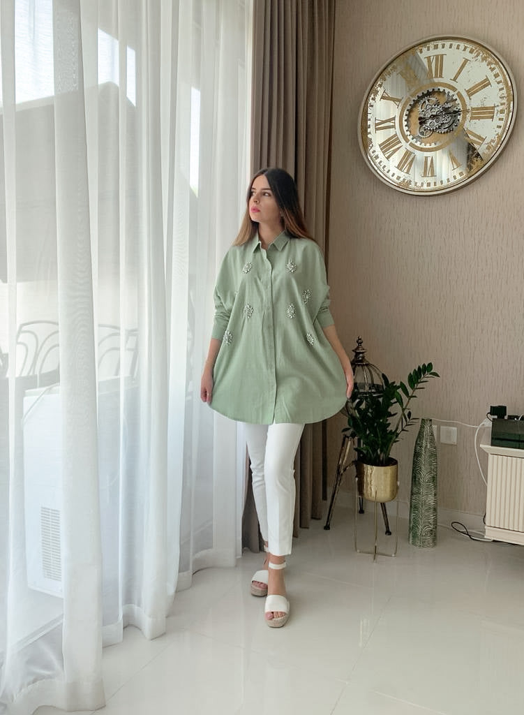 Glamouresque Sage Green One-Size-Fits-All Oversized Shirt.