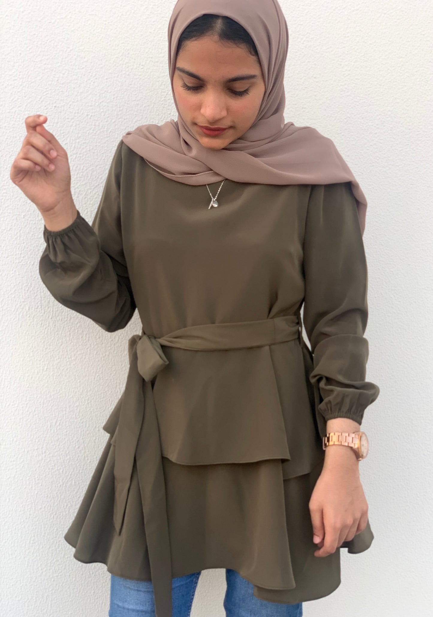 Army Green Layered Top with Belt