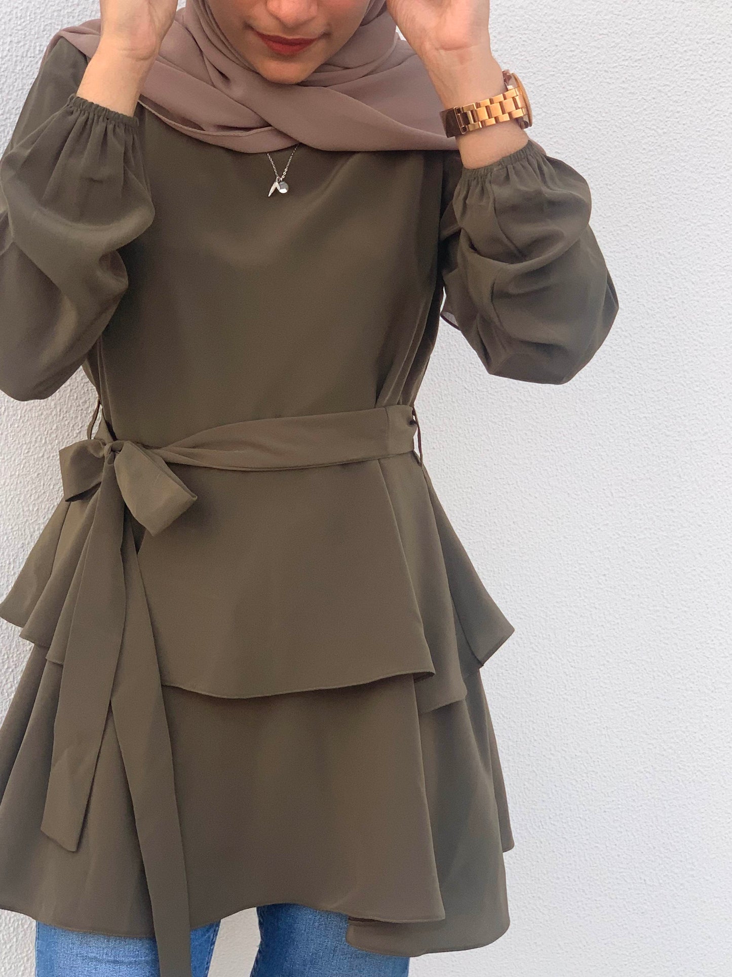 Army Green Layered Top with Belt