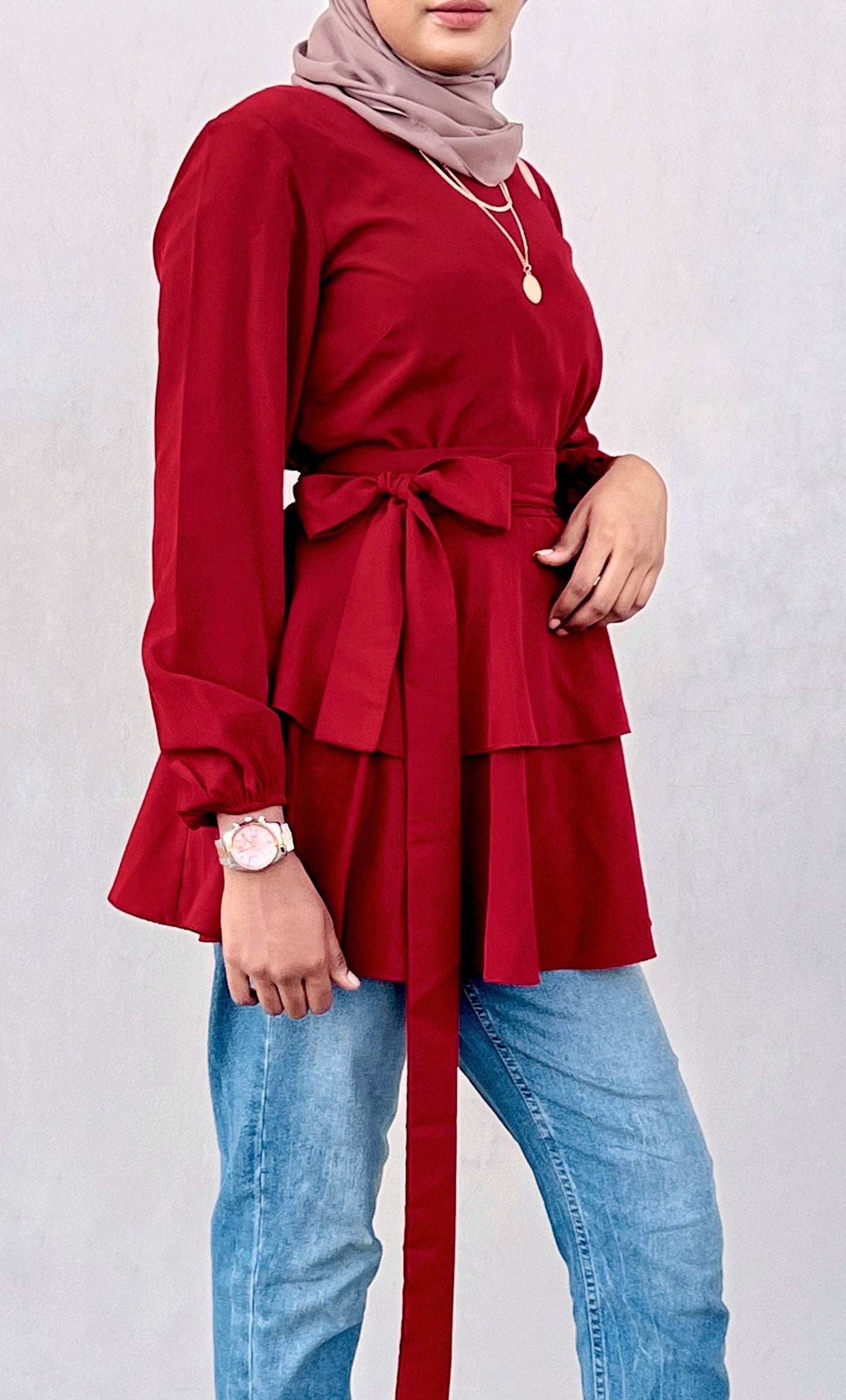 Red Layered Top with Belt